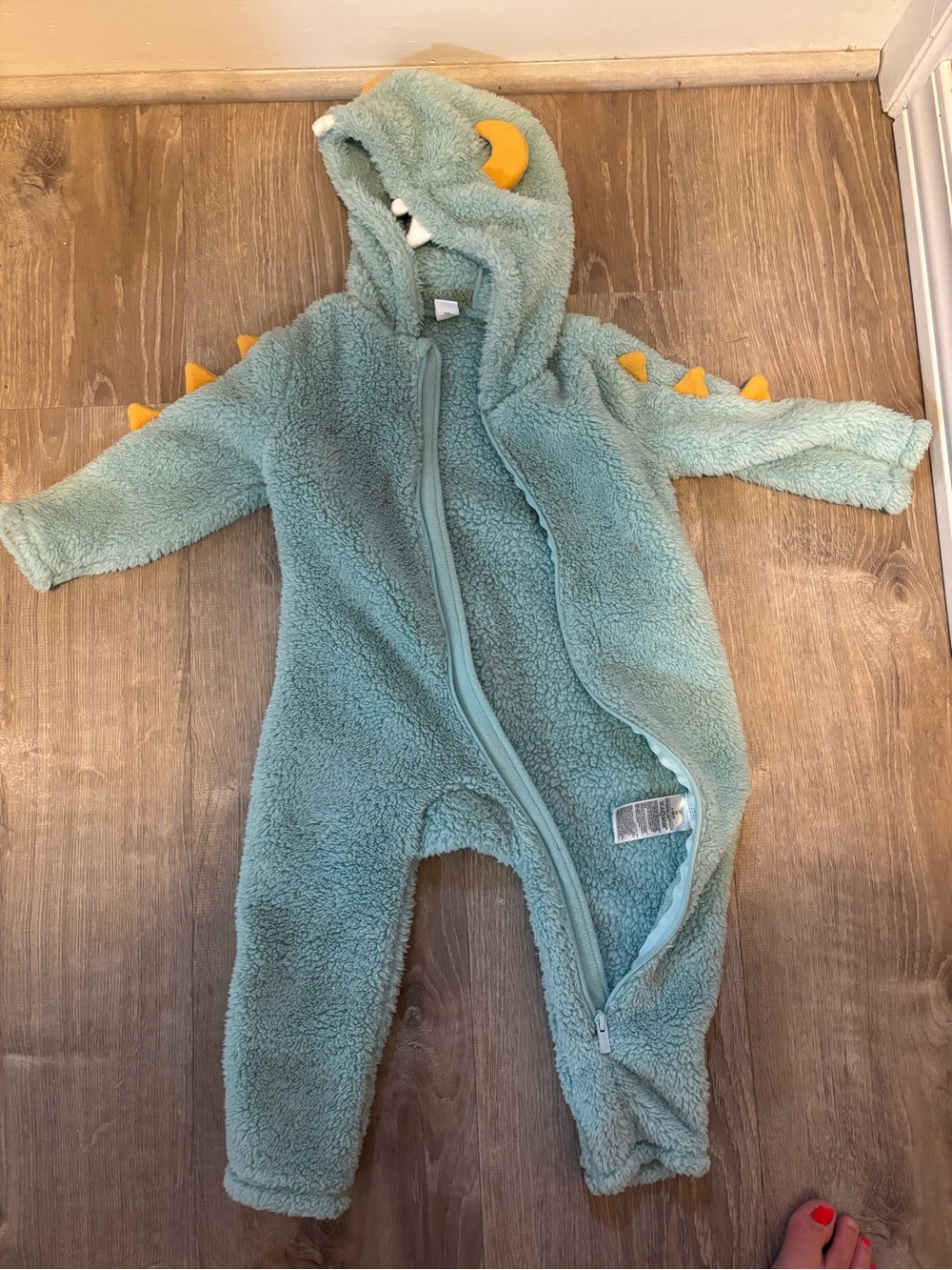 Old Navy Mint Green Plush Dino Hooded Jumpsuit with Yellow Spikes